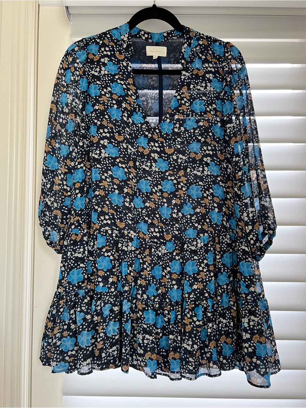 MELLODAY Navy Floral Mini Dress with Blue and Tan Blooms